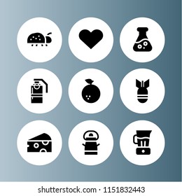 organic icon. 9 organic set with passion, fruit, milk and bomb vector icons for web and mobile app