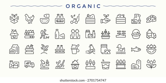 Icono orgánico. Conjunto de iconos de línea de evento. Contiene símbolos tales como ecología, eco, árbol, albahaca y hojas, hoja y más. Píxel perfecto. Ilustración vectorial.