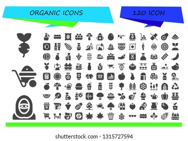 organic icon set. 120 filled organic icons.  Simple modern icons about  - Turnip, Desert, Wheelbarrow, Olive oil, Eggs, Wheat, Mushroom, Feeder, Egg, Branch, Tea bag, Dairy, Avocado