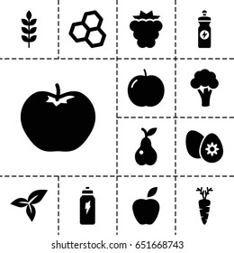 Organic icon. set of 13 filled organicicons such as wheat, apple, mulberry, cauliflower, energy drink, pear, leaf, carrot, easter egg, energetic drink