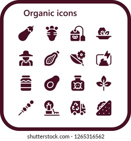  organic icon set. 16 filled organic icons. Simple modern icons about  - Eggplant, Radish, Tea bag, Salad, Gardener, Papaya, Leaf, Compost, Milk, Avocado, Toxic, Vegetables, Landscape