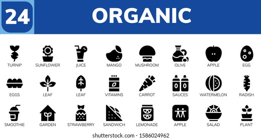 organic icon set. 24 filled organic icons.  Simple modern icons about  - Turnip, Sunflower, Juice, Mango, Mushroom, Olive, Apple, Egg, Eggs, Leaf, Vitamins, Carrot, Sauces, Watermelon