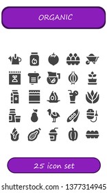 organic icon set. 25 filled organic icons.  Collection Of - Watering can, Charcoal, Coconut, Eggs, Wheelbarrow, Fertilizer, Sandwich, Lemonade, Onion, Plant, Milk, Honey, Avocado