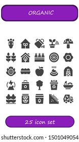 organic icon set. 25 filled organic icons.  Collection Of - Radish, Garden, Watering can, Tree, Mushroom, Wheat, Eco, Carrots, Kiwi, Fried egg, Dragon fruit, Eggs, Apple, Poo