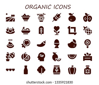 organic icon set. 30 filled organic icons.  Collection Of - Field, Fruit bowl, Beehive, Wheat, Tangerine, Apple, Bitterballen, Salad, Tree, Plant, Crop, Pineapple, Poo, Coconut