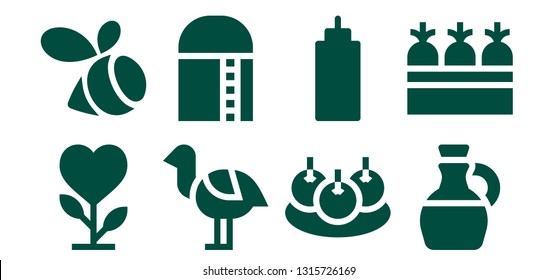 organic icon set. 8 filled organic icons.  Collection Of - Plant, Swarm, Ostrich, Harvest, Bitterballen, Sauce, Olive oil, Carrots