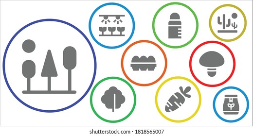 organic icon set. 9 filled organic icons. Included Trees, Farm, Feeder, Lettuce, Carrot, Eggs, Mushroom, Desert, Tea bag icons