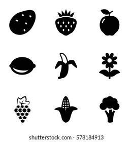 organic icon. Set of 9 organic filled icons such as potato, apple, grape, cauliflower, corn, flower, strawberry, lemon