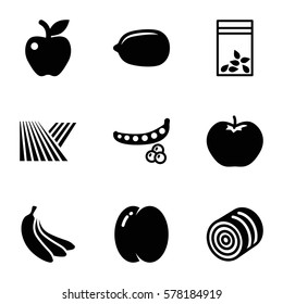 organic icon. Set of 9 organic filled icons such as field, hay, peach, peas, apple, Lemon, seed bag