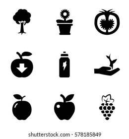 organic icon. Set of 9 organic filled icons such as apple, grape, flower pot, tree, tomato, energetic drink, plant on hand