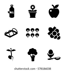 organic icon. Set of 9 organic filled icons such as cauliflower, tree, oil, Grape, boiled egg, flower pot, apple, greenohuse
