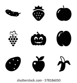 organic icon. Set of 9 organic filled icons such as strawberry, potato, peach, apple, grape, cucumber, banana