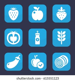 Organic icon. set of 9 filled organic icons such as hay, eggplant, apple, energy drink, tomato, strawberry