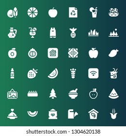 organic icon set. Collection of 36 filled organic icons included Corn, Eco, Watering can, Flour, Melon, Porridge, Watermelon, Apple, Rice, Pine, Grass, Landscape, Yogurt, Carrot
