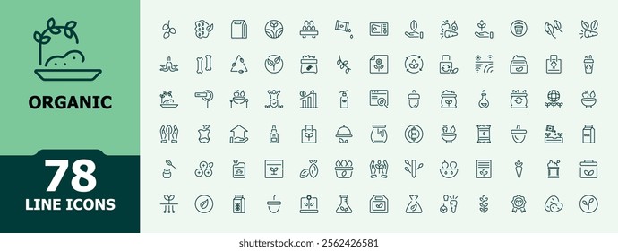 Organic icon set. Containing natural, allergen, food, cosmetic, sustainable, badge and more. Minimal linear icons. Vector illustration in modern line style.