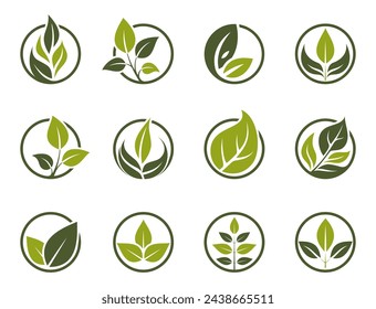 organic icon set. green leaves in a circle. eco friendly conceptual logos. isolated vector illustrations in flat design