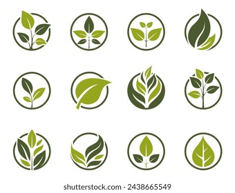 organic icon set. green plant in a circle. eco friendly conceptual illustrations. isolated vector illustrations in flat design