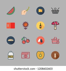 organic icon set. vector set about mushroom, sunflower, peach and shopping basket icons set.