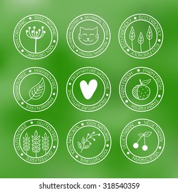 Organic icons in doodle style on green blurred background.