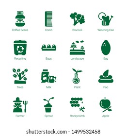 organic icons. Editable 16 organic icons. Included icons such as Coffee beans, Comb, Broccoli, Watering can, Recycling, Eggs, Landscape, Egg, Trees. organic trendy icons for web.