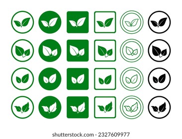 Organic icons with green leaves. Bio, organic and healthy food.