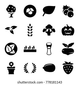 Organic icons. set of 16 editable filled organic icons such as plant, leaf, currant, beet, lemon, milk glass, flower pot, sprout plants, broccoli, pumpkin haloween