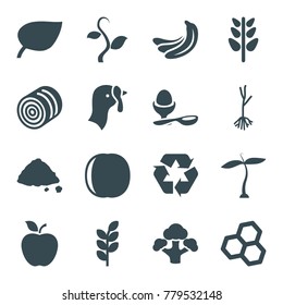 Organic icons. set of 16 editable filled organic icons such as plant, turkey, hay, banana, leaf, chemical structure, boiled egg, ground heap, sprout, broccoli, recycle, wheat