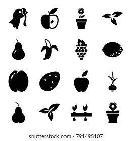Organic icons. set of 16 editable filled organic icons such as plant, potato, pear, peach, apple, flower pot, leaf, banana, turkey, onion, grape
