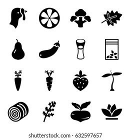 Organic icons set. set of 16 organic filled icons such as plant, turkey, hay, leaf, pear, beet, deel, milk glass, flower, seed bag, carrot, lemon, broccoli, aubergine
