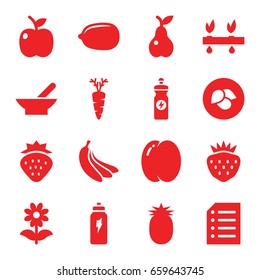 Organic icons set. set of 16 organic filled icons such as leaf, bowl, strawberry, peach, lemon, energy drink, flower, pear, carrot, paper, apple, energetic drink, banana
