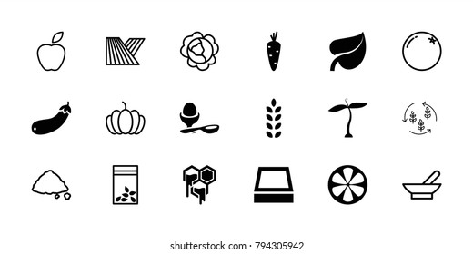 Organic icons. set of 18 editable filled and outline organic icons: plant, carrot, boiled egg, seed bag, lemon, aubergine, square plant pot, field, bowl, orange, cabbage