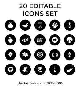 Organic icons. set of 20 editable filled organic icons such as wheat, field, leaf, bowl, apple, energy drink, greenohuse. best quality organic elements in trendy style.