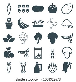 Organic icons. set of 25 editable filled and outline organic icons such as turkey, mushroom, peas, tree, flower pot, seed bag, banana, potato, carrot, milk glass