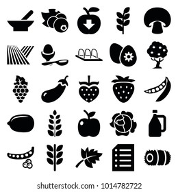 Organic icons. set of 25 editable filled organic icons such as field, bowl, peas, eggplant, lemon, wheat, boiled egg, apple download, paper, easter egg, apple, milk can