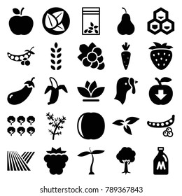 Organic icons. set of 25 editable filled organic icons such as field, plant, milk can, turkey, mulberry, peas, eggplant, tree, grape, flower, seed bag, banana, apple download