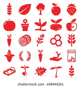 Organic icons set. set of 25 organic filled icons such as wheat, plant, hay, leaf, strawberry, apple, beet, deel, corn, flower pot, tree, greenohuse, seed bag, sprout, carrot