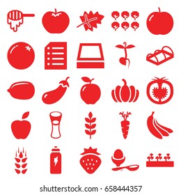 Organic icons set. set of 25 organic filled icons such as wheat, leaf, strawberry, orange, apple, eggplant, tree, honey, lemon, milk glass, boiled egg, sprout plants, pumpkin
