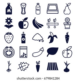 Organic icons set. set of 25 organic filled and outline icons such as field, milk can, onion, carrot, energy drink, flower, sprout, seed bag, apple, banana, leaf, oil