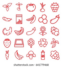 Organic icons set. set of 25 organic outline icons such as currant, onion, mulberry, banana, eggplant, apple, tree, grape, energy drink, cucumber, flower, seed bag, sprout