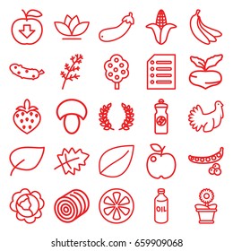 Organic icons set. set of 25 organic outline icons such as mushroom, hay, leaf, beet, peas, cabbage, deel, corn, tree, oil, energy drink, cucumber, flower pot, flower, lemon