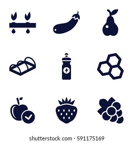 organic icons set. Set of 9 organic filled icons such as apple, Grape, energy drink, pear, strawberry, greenohuse, aubergine, plant