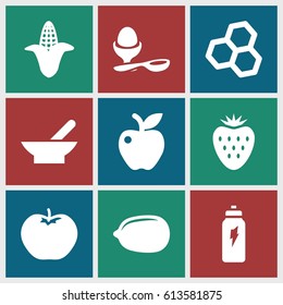 Organic icons set. set of 9 organic filled icons such as bowl, apple, corn, Lemon, boiled egg, energetic drink, strawberry