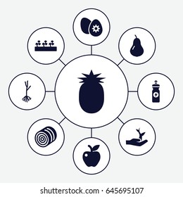 Organic icons set. set of 9 organic filled icons such as hay, pear, energy drink, sprout plants, apple, sprout, easter egg, plant on hand