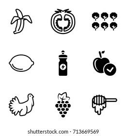 Organic icons set. set of 9 organic filled and outline icons such as grape, tree, apple, energy drink, honey, lemon, banana, tomato