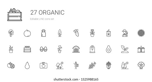 organic icons set. Collection of organic with corn, grape, charcoal, tree, lunchbox, pear, tomatoes, banana, paper bin, barn, plant, organic eggs. Editable and scalable icons.