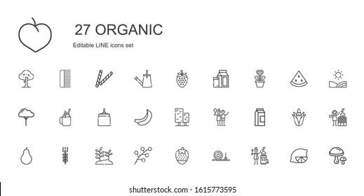 organic icons set. Collection of organic with hot stones, straw bale, strawberry, branch, plant, wheat, pear, milk, birch, tree, banana, oat. Editable and scalable organic icons.