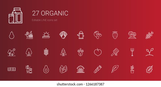 organic icons set. Collection of organic with leaf, healthy food, barn, seeds, banana, mongolian, hay bale, honey, plum, corn, pine tree. Editable and scalable organic icons.