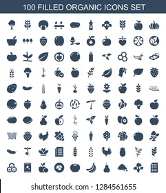 organic icons. Trendy 100 organic icons. Contain icons such as paper, broccoli, ground heap, pear, banana, apple, leaf, seed bag, chemical structure. organic icon for web and mobile.