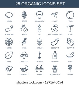 organic icons. Trendy 25 organic icons. Contain icons such as lemon, grape, mushroom, plant, peach, aubergine, apple, oil, apple download, deel. organic icon for web and mobile.