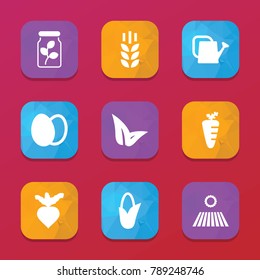 Organic icons. vector collection filled organic icons set.. includes symbols such as wheat, field, corn, beet, watering can, eggs, carrot. use for web, mobile and ui design.